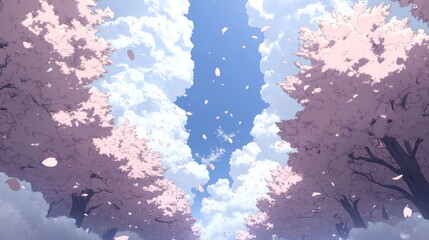 Blossoming trees and a vibrant sky.