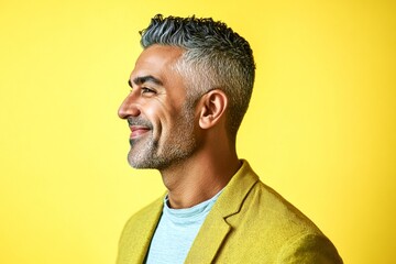 Fototapeta premium A joyful and radiant male expressing confidence. Yellow solid background. Design of style for aging men. Modish men's textured crop haircut - midlife indian man with short hair.