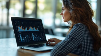 Woman analyzing data on a laptop.  Modern office setting