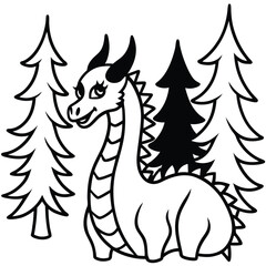 Cute cartoon dragon in a pine forest