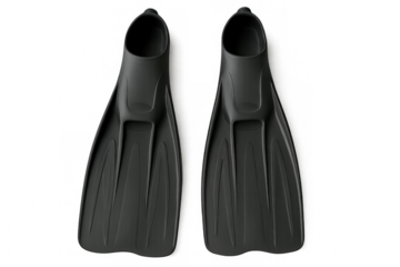 Two black diving fins resting on a transparent background, perfect for underwater adventures and exciting water sports activities
