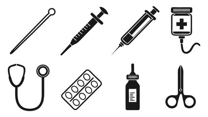 Set of illustrated medical icons representing various healthcare instruments and supplies