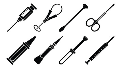 Set of vector illustrations featuring essential medical and surgical tools in monochrome style