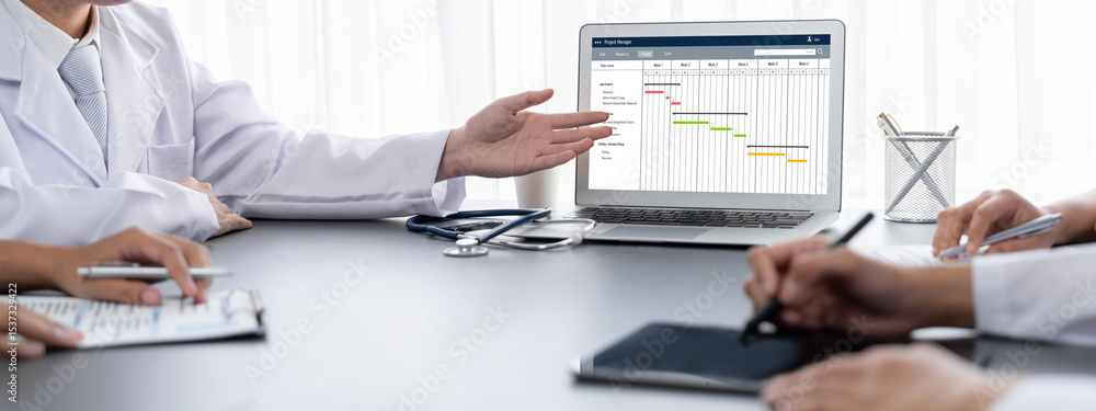 Poster project planning software for brisk business project management on the computer screen showing timel