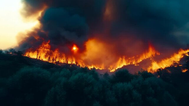Forest fire burns across green hills creating smoke. Flames rise against a yellow sky. Dangerous fire spreading through woodland.