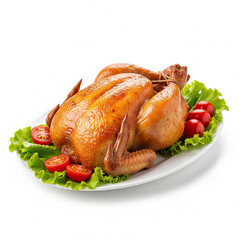 A roasted chicken on a white plate, garnished with lettuce leaves and cherry tomatoes.