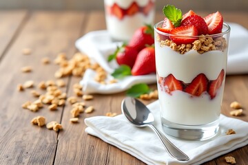 Delicious strawberry yogurt parfait with granola healthy breakfast