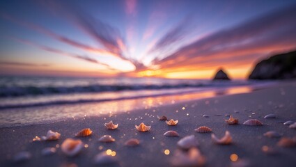 Seashells on Beach at Sunset with Colorful Sky Reflecting on Water
