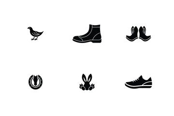 Variety of Animal and Footwear Silhouettes Featuring Bird, Rabbit, Horseshoe, and Assorted Boots and Shoes