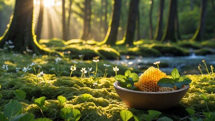 Honeycomb in Bowl on Mossy Forest Floor with Sunlit Trees