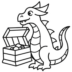 Cute cartoon dragon with treasure chest