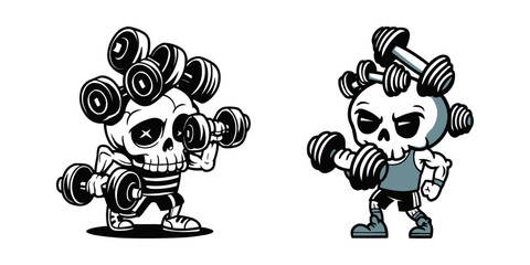 Humorous Skull Weightlifter Character Design for Gym, Fitness, and Halloween Apparel &ndash; Cartoon Skeleton with Dumbbells Illustration