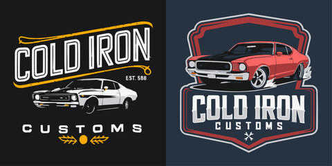 Cold Iron Customs: Vintage American Muscle Car Graphic Design for Automotive Enthusiasts, Apparel, and Workshop Branding – Retro Hot Rod Illustration