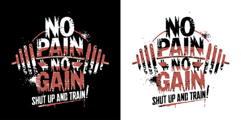 "No Pain No Gain" Fitness and Workout Motivation Graphic Design with Barbell Icon and Grunge Texture for Gym Apparel, Posters, and Merchandise