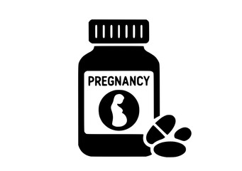 Black and white illustration of a pill bottle labeled 