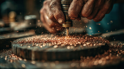 Artisan Metalwork: Close-up Drilling, Creating Intricate Metal Design