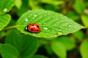 Fototapeta premium Ladybug on a dew-covered green leaf in nature
