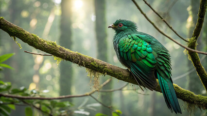 Peacock perched on a tree branch with colorful feathers in a natural setting