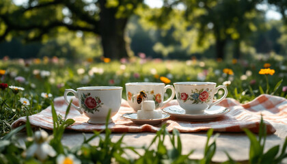 Tea cups placed on picnic blanket in a sunny flower-filled meadow  