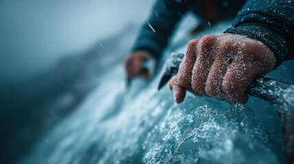 Extreme Climber's Hand Gripping Ice Axe on Frozen Cliff