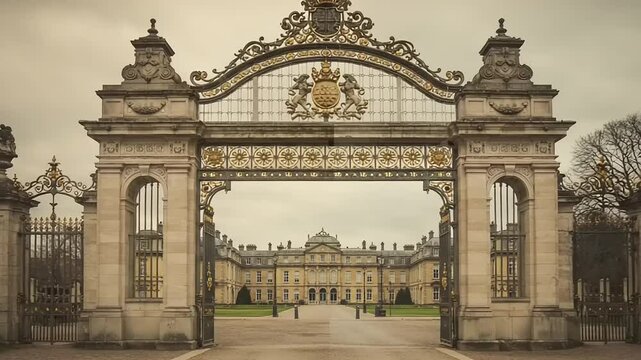 Grand entrance gate of a historic mansion with lush gardens and cloudy sky backdrop