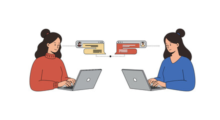 Online communication and collaboration between two women working on laptops vector illustration