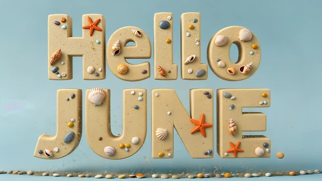 Dynamic sand letters transform with vibrant seashells as "hello june" greets summertime charm
