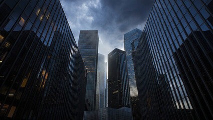 New York City's urban skyline features towering glass skyscrapers and corporate buildings reflecting the sky