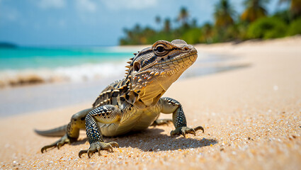 Green scales of an iguana on a sandy beach capture its wild nature