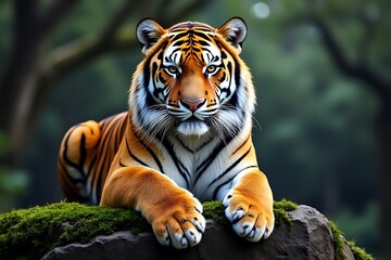 Fototapeta premium Majestic tiger resting on mossy rock in lush forest