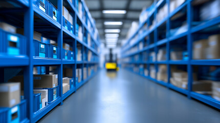Forklift operating in modern warehouse between tall shelves of packages.
