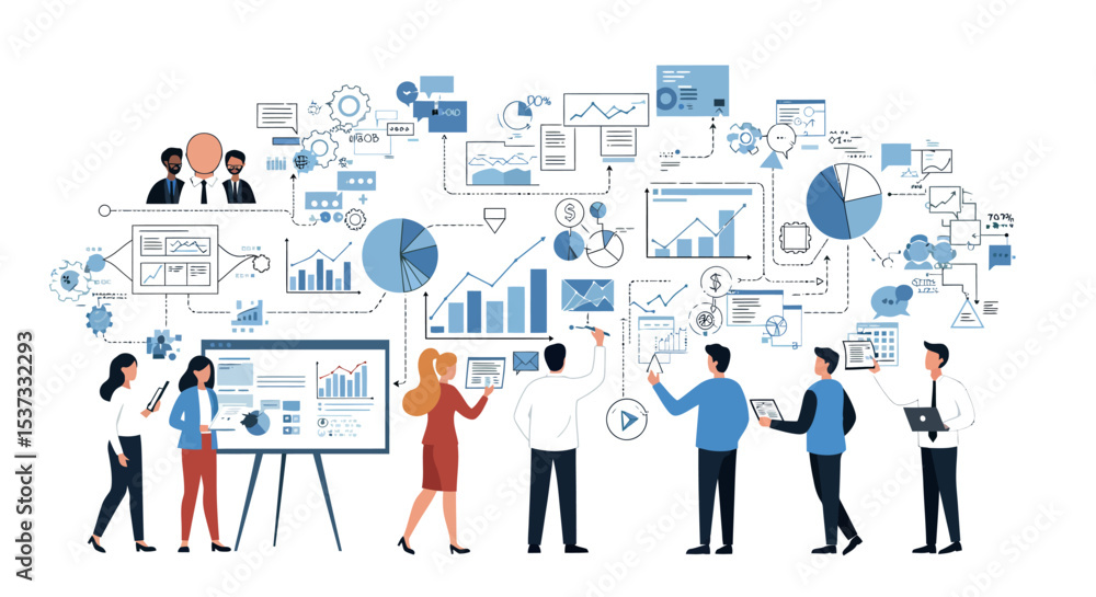 Poster collaborative team working on data analysis and strategic planning vector illustration