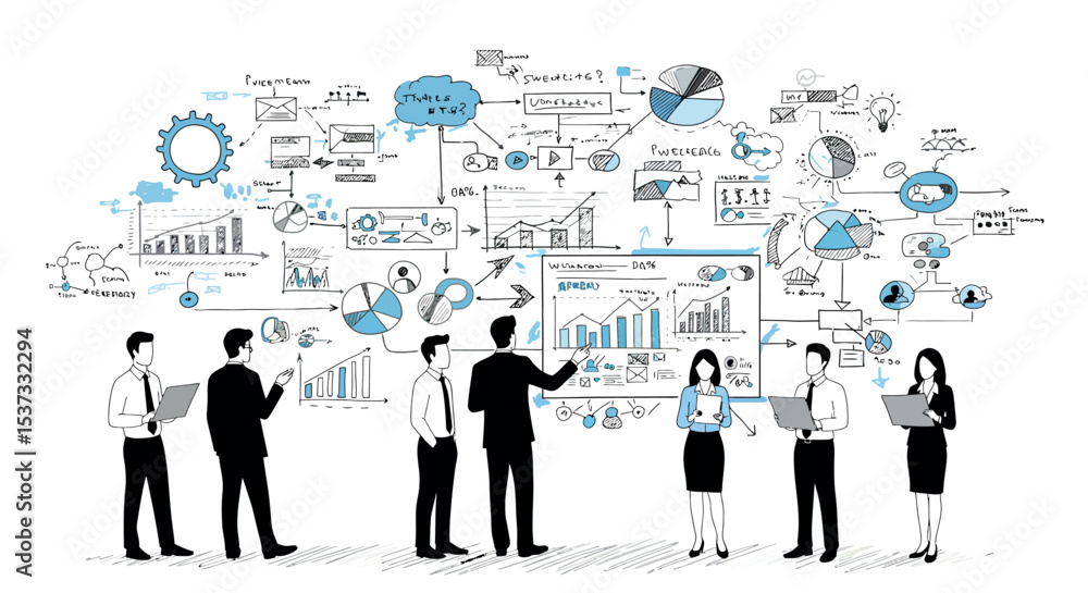 Poster business strategy development and analysis with team collaboration and data visualizations vector il