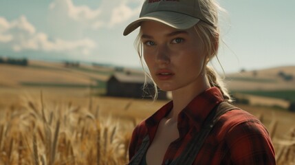 Woman in a field, focused gaze