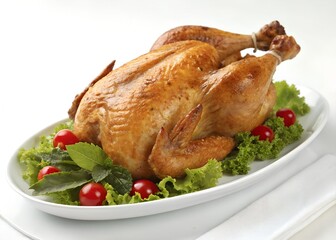Studio-style photograph of a roasted whole chicken, golden brown and garnished with fresh green lettuce leaves and bright red cherry tomatoes.