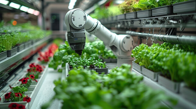Advanced robotic arm handling plants in a high-tech indoor farming facility, representing innovation in agriculture and automation