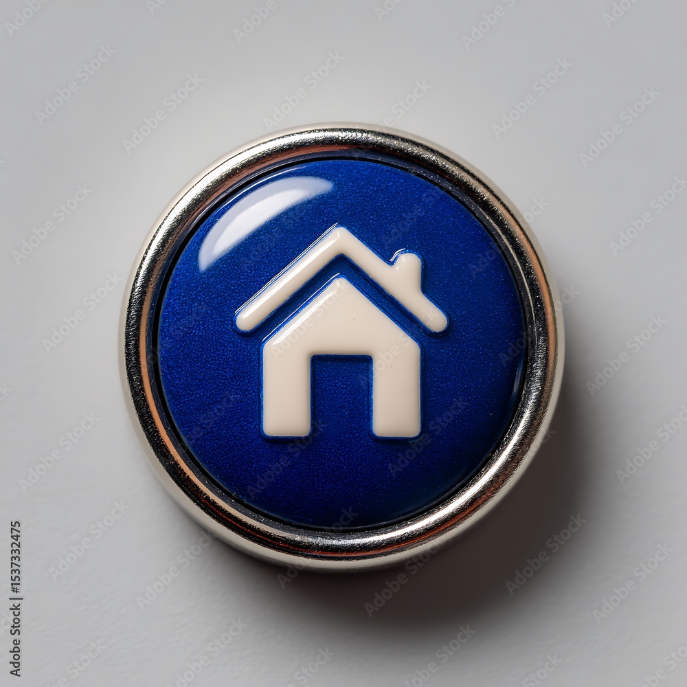 Poster blue home button icon with silver ring, representing navigation and connection to familiar location: