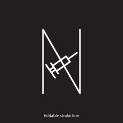 No syringe, hormones, antibiotic, drugs icon. No injection symbol. Vector stock illustration isolated on black background for design template medical, pharmacy, hospital. Editable stroke line.