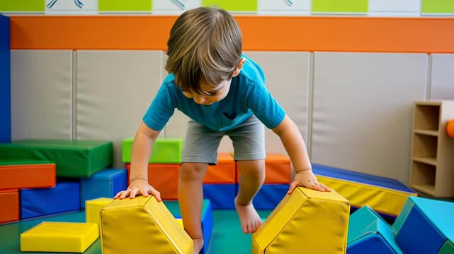 Child engaging in playful adventure with colorful soft blocks in indoor play area