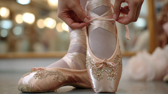 Ballerina Tying Pointe Shoes, Ready to Dance, Close Up