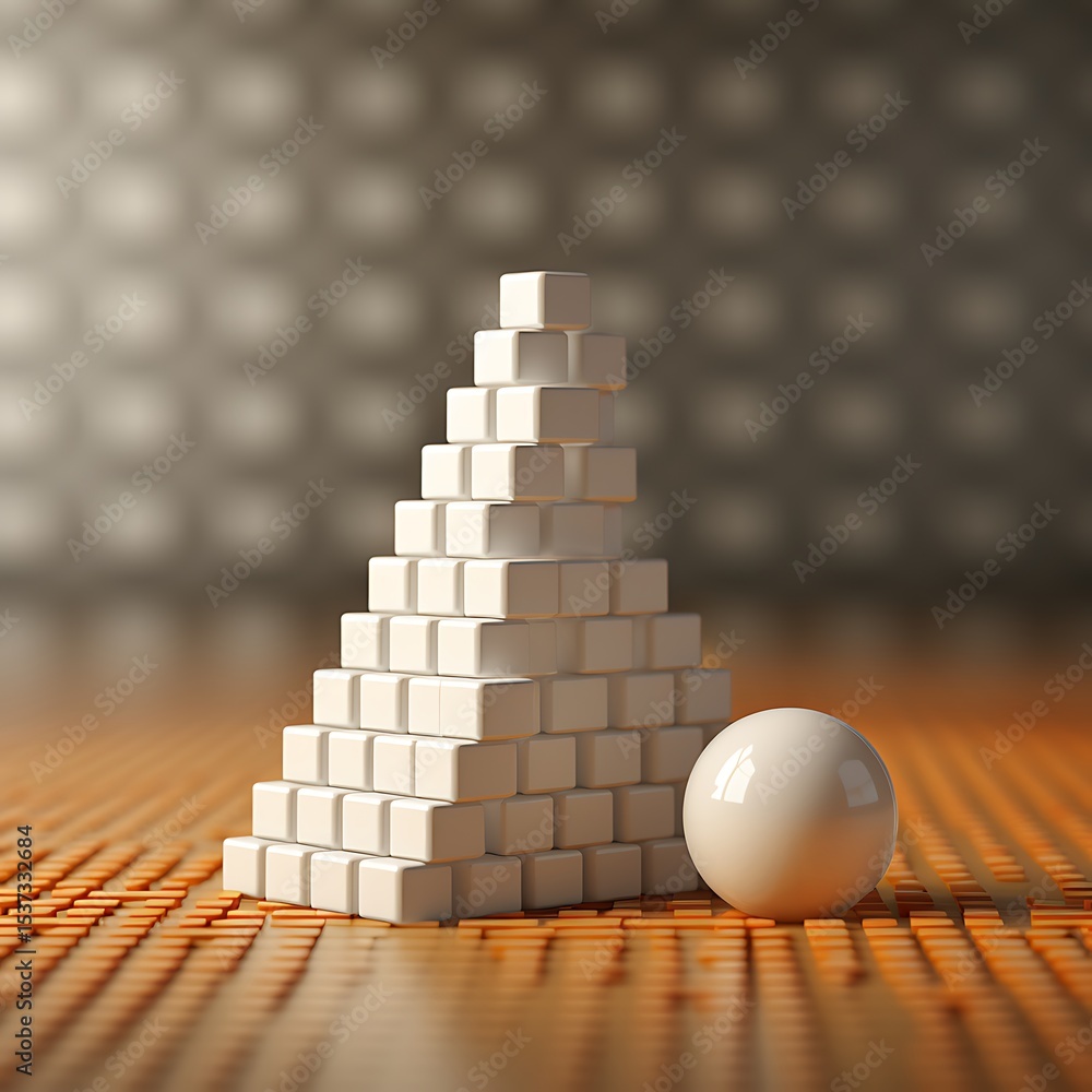 Poster arrangement of white cubes forming a pyramid with a sphere on a patterned surface, abstract geometry