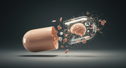 Brain inside capsule. Mental health medication concept.