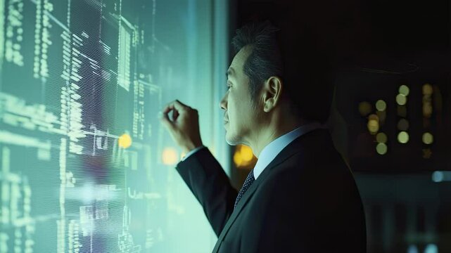 Asian businessman analyzing data on a futuristic screen at night, wearing a suit, in a modern office setting with city lights in the background - Powered by Adobe