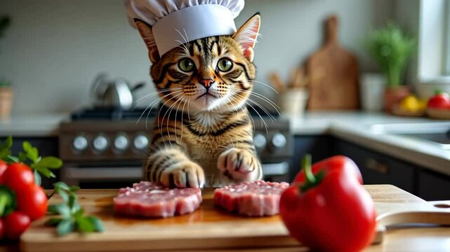 A cute cat in a chef's hat prepares delicious dishes in an adorable kitchen, beating the meat with his paws to the beat of the music. This playful video is sure to bring smiles and laughter to everyon