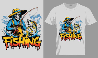 Skeleton T-Shirt Design with Graffiti Style Fishing Text