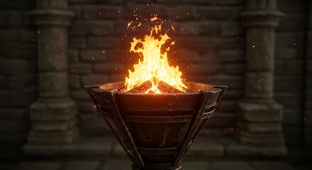 Burning Embers in Stone Bowl - Fiery embers glow brightly within an ancient stone bowl, set against a dark stone backdrop. The scene evokes warmth and mystery