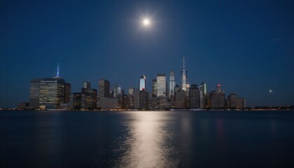 Fototapeta premium wide angle shot of city skyline glowing under moonlight, with shimmering reflections on water.