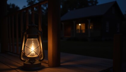 zoom in on a vintage lantern glowing on a wooden porch in a rural night setting.