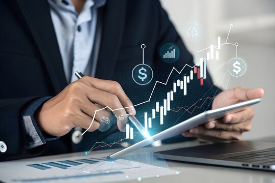 Businessmen analyse corporate growth, future business growth arrow graph, development to meet goals, business perspective, and financial data for investment using artificial intelligence (AI)