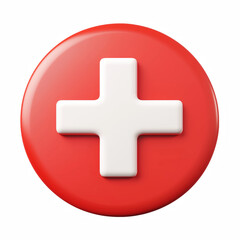 3D white medical cross on red round button, healthcare symbol, isolated on transparent background.